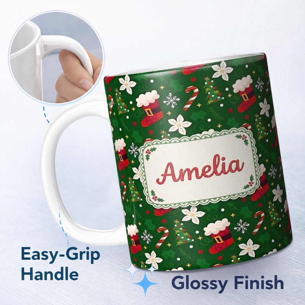 Personalized Custom Name Stocking Candy Cane Tree Poinsettia Seamless Pattern Lovely 11oz Ceramic Coffee Tea Mug White Large Handle