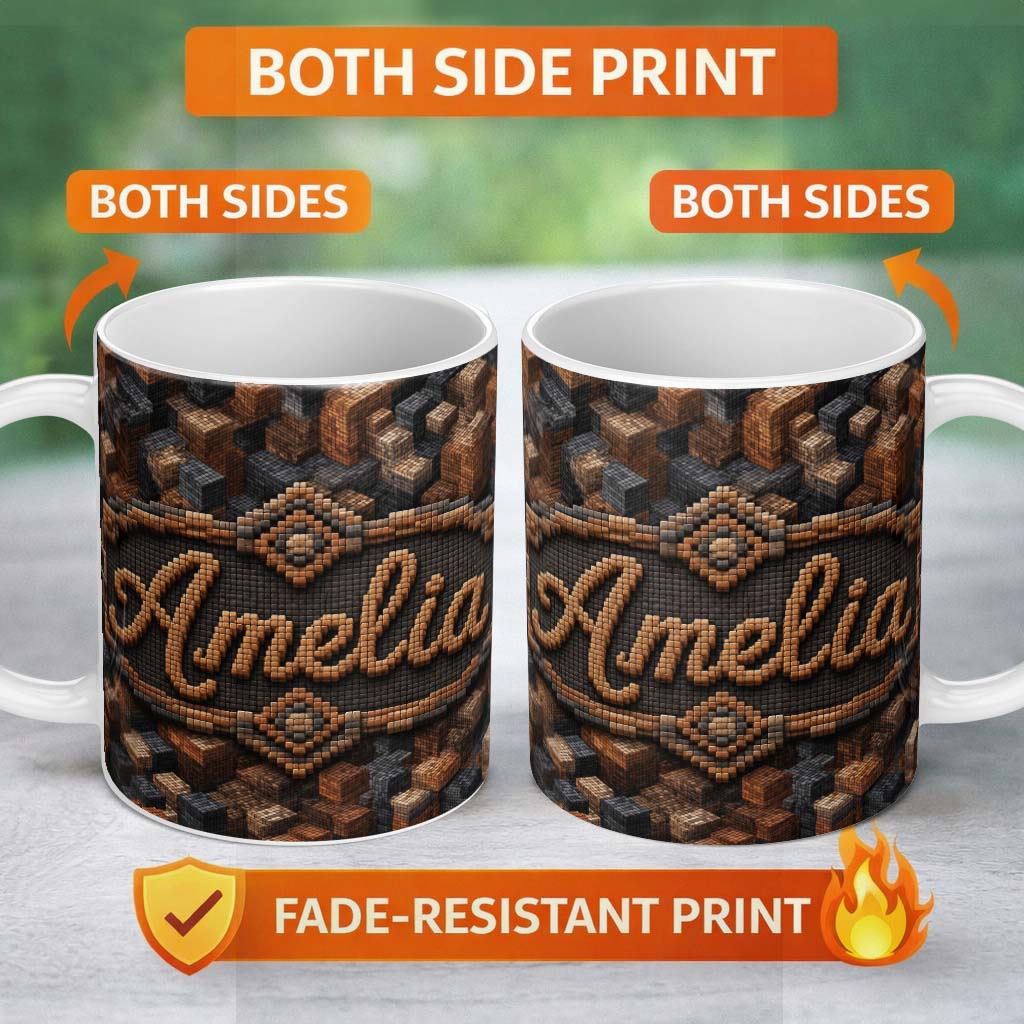 Personalized Custom Name Brown Grey 3D Block Terrain Abstract Seamless Pattern Lovely 11oz Ceramic Coffee Tea Mug White Large Handle