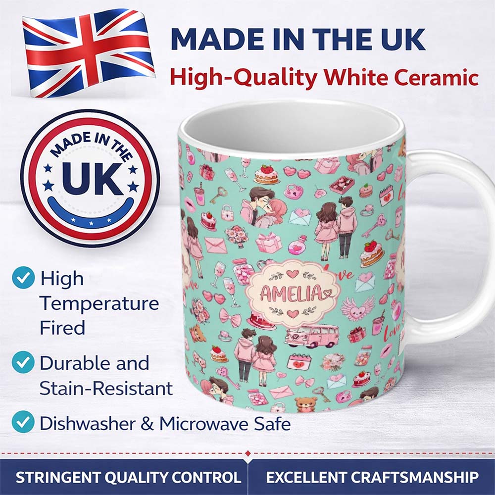 Personalized Custom Name Cute Love Couple Gifts Cakes Teddy Bear Pattern Mint Green Lovely 11oz Ceramic Coffee Tea Mug White Large Handle