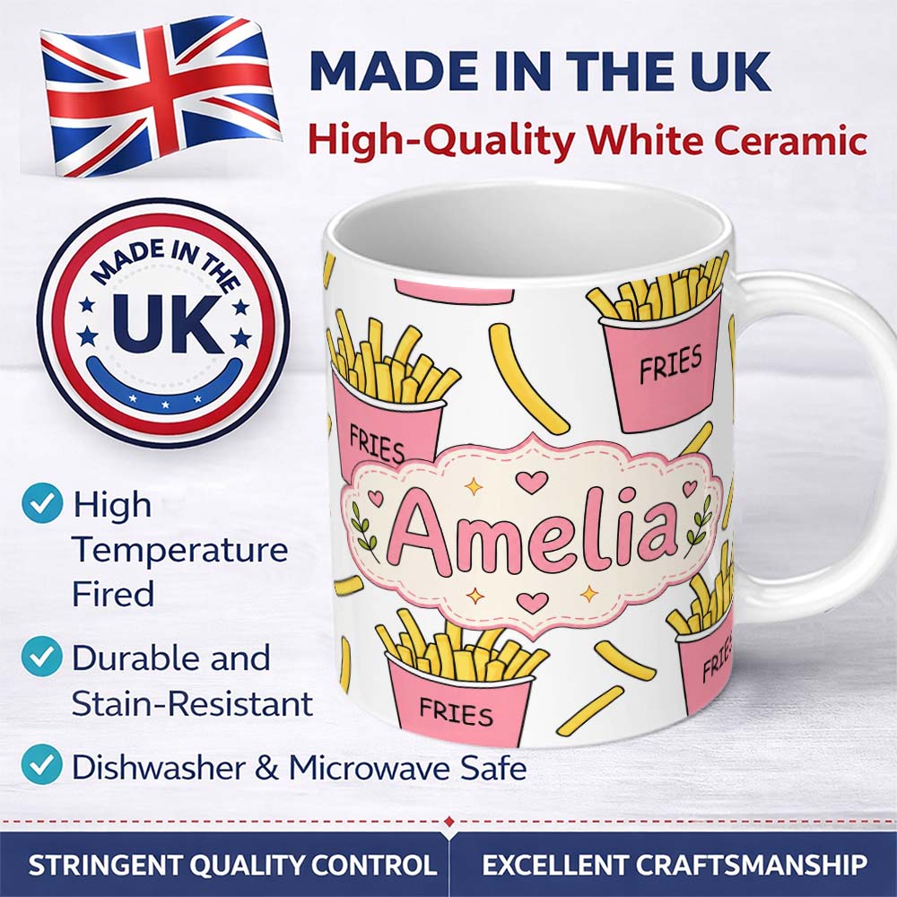 Personalized Custom Name Cute French Fries Cartoon Snack Seamless Pattern Pink Cups Grey 11oz Ceramic Coffee Tea Mug White Large Handle