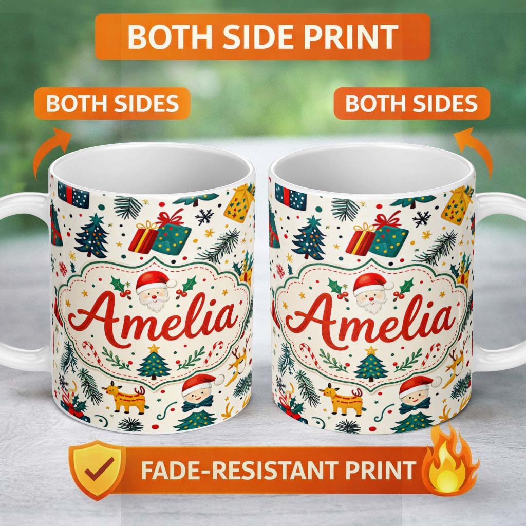 Personalized Custom Name Cute Santa Reindeer Gifts Pine Branch Festive Seamless Pattern 11oz Ceramic Coffee Tea Mug White Large Handle