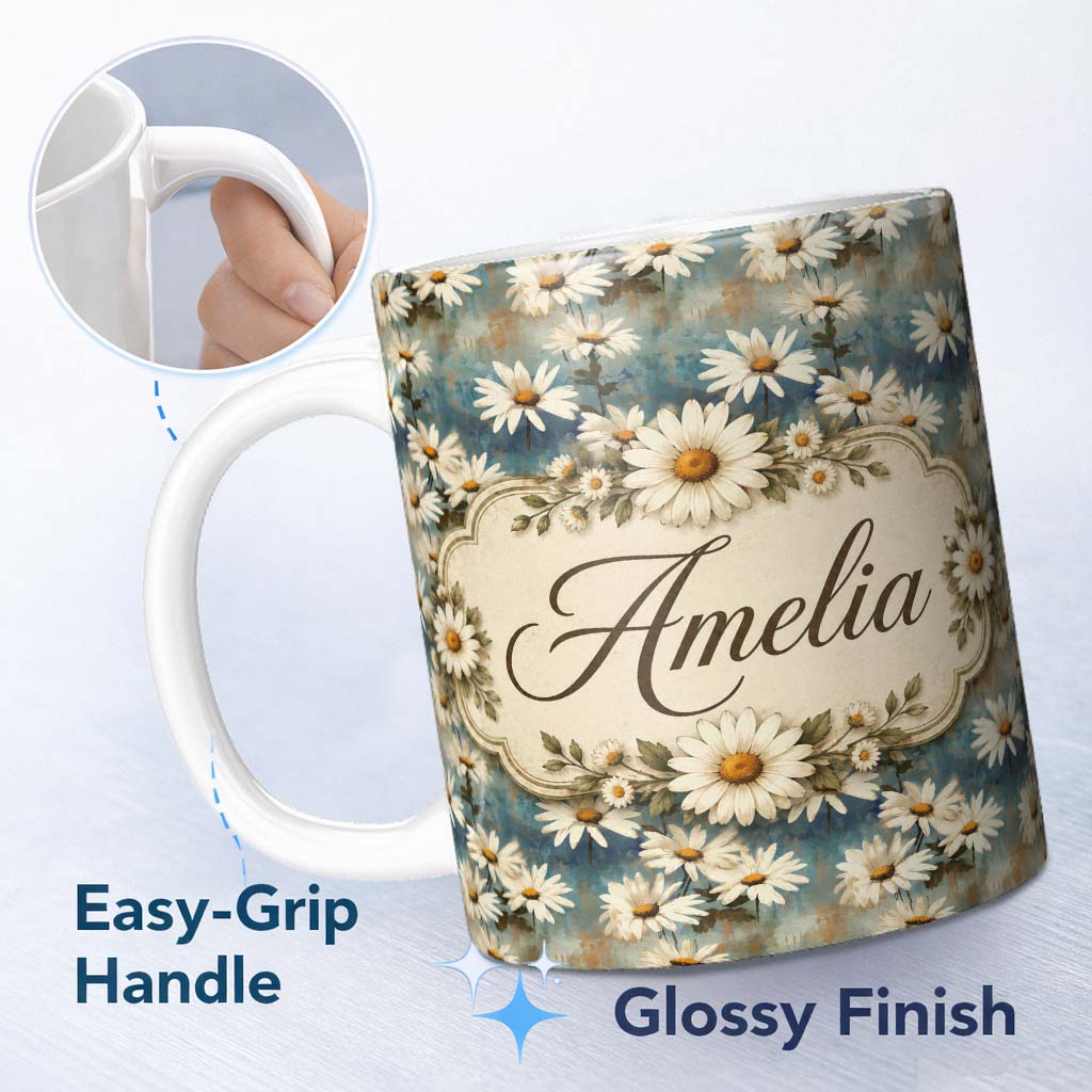 Personalized Custom Name Minimal Daisy Floral on Pale Blue Aged Texture Stylish Everyday Mug 11oz Ceramic Coffee Tea Mug White Large Handle