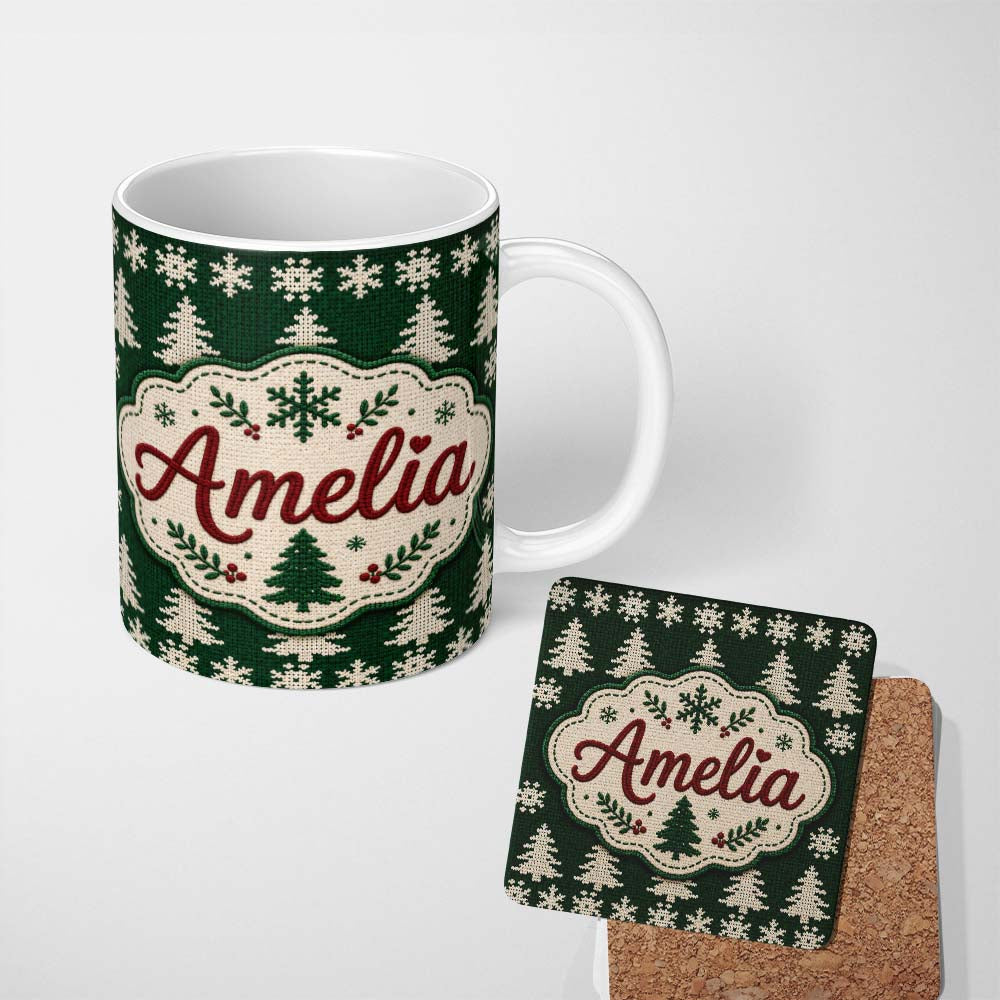 Personalized Custom Name Cute Dark Green Knitted Christmas Tree Snowflake Seamless Pattern 11oz Ceramic Coffee Tea Mug White Large Handle