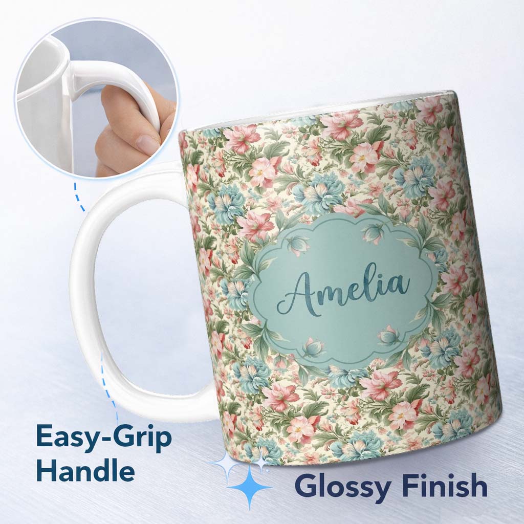 Personalized Custom Name Elegant Vintage Floral Bouquet Garden Seamless Pattern Design Lovely 11oz Ceramic Coffee Tea Mug White Large Handle