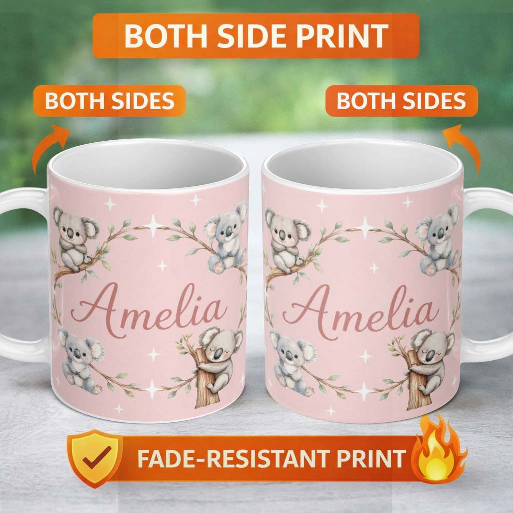 Personalized Custom Name Cute Baby Koala Bears with Stars on Blush Pink Background Seamless 11oz Ceramic Coffee Tea Mug White Large Handle