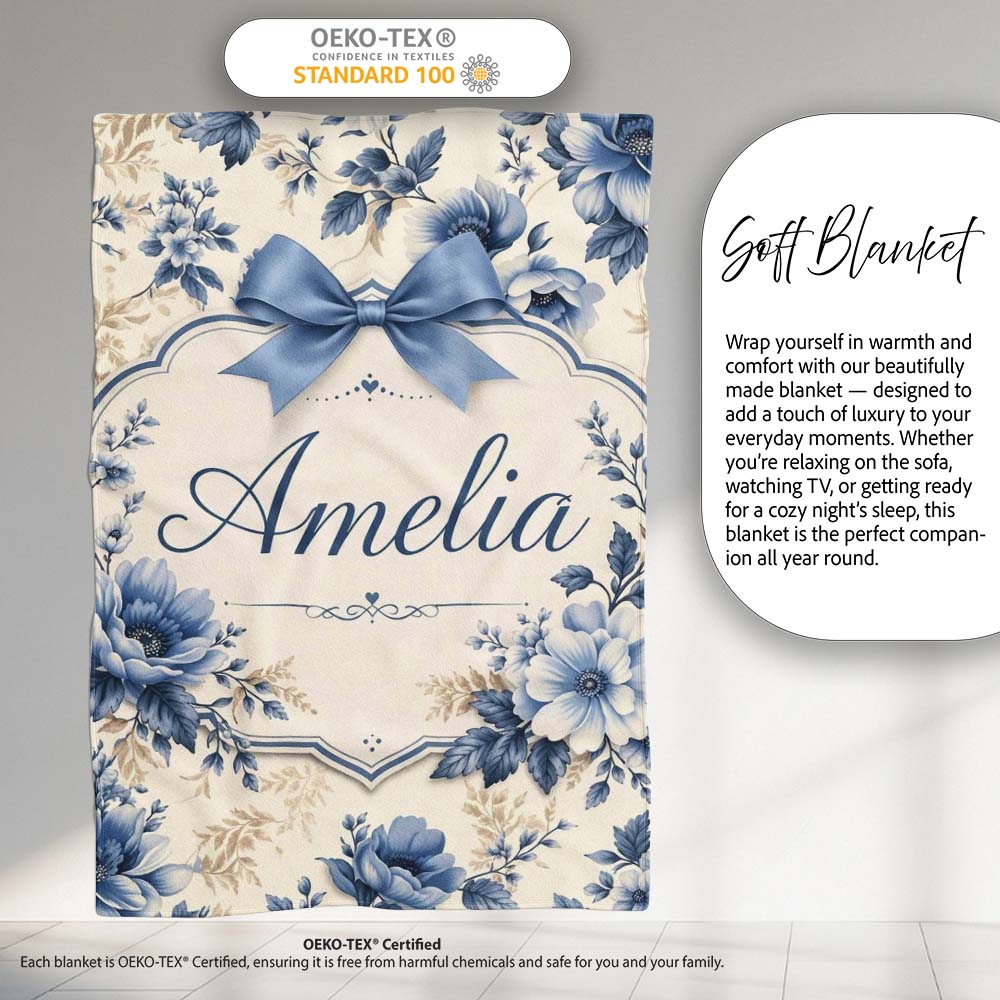Classic Blue & Cream Floral Vintage Botanical Pattern Lovely Personalised Custom Name Super Soft Fleece Blanket Bed Sofa Throw
