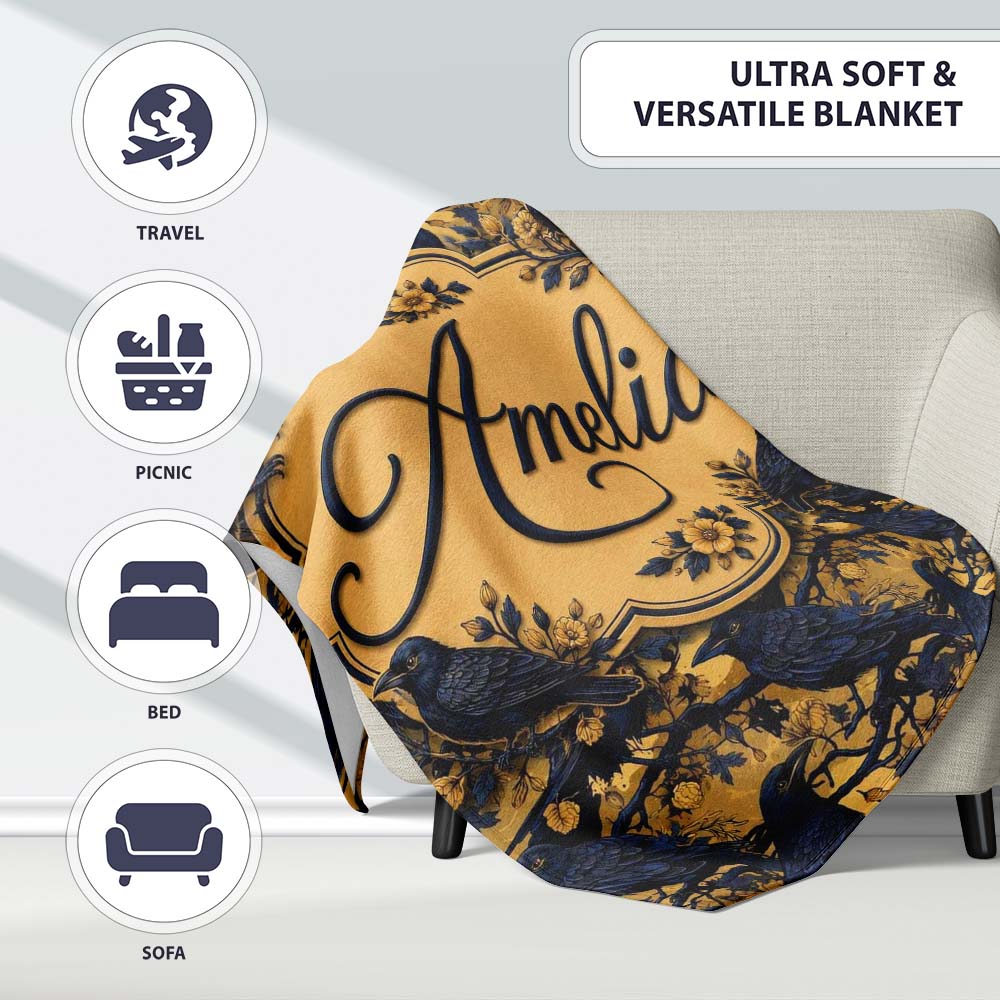 Dark Raven and Branches Seamless Pattern with Mustard Yellow Lovely Personalised Custom Name Super Soft Fleece Blanket Bed Sofa Throw