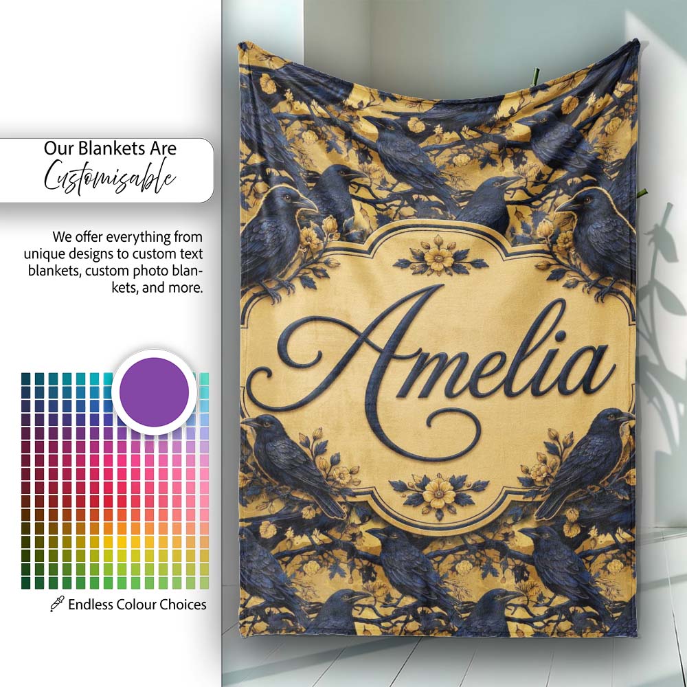 Dark Raven and Branches Seamless Pattern with Mustard Yellow Lovely Personalised Custom Name Super Soft Fleece Blanket Bed Sofa Throw