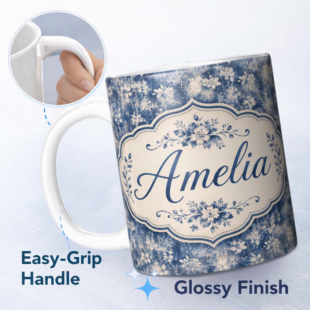 Personalized Custom Name Indigo Blue Abstract Floral Splash Seamless with Soft Watercolour 11oz Ceramic Coffee Tea Mug White Large Handle