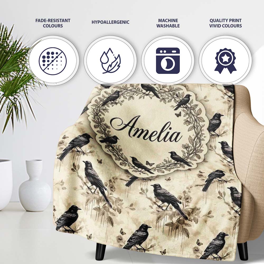 Vintage Raven and Floral Grunge Seamless Pattern in Neutral Tones Personalised Custom Name Super Soft Fleece Blanket Bed Sofa Throw