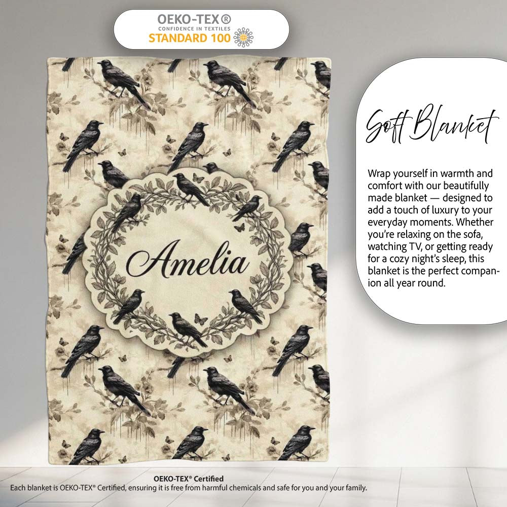 Vintage Raven and Floral Grunge Seamless Pattern in Neutral Tones Personalised Custom Name Super Soft Fleece Blanket Bed Sofa Throw
