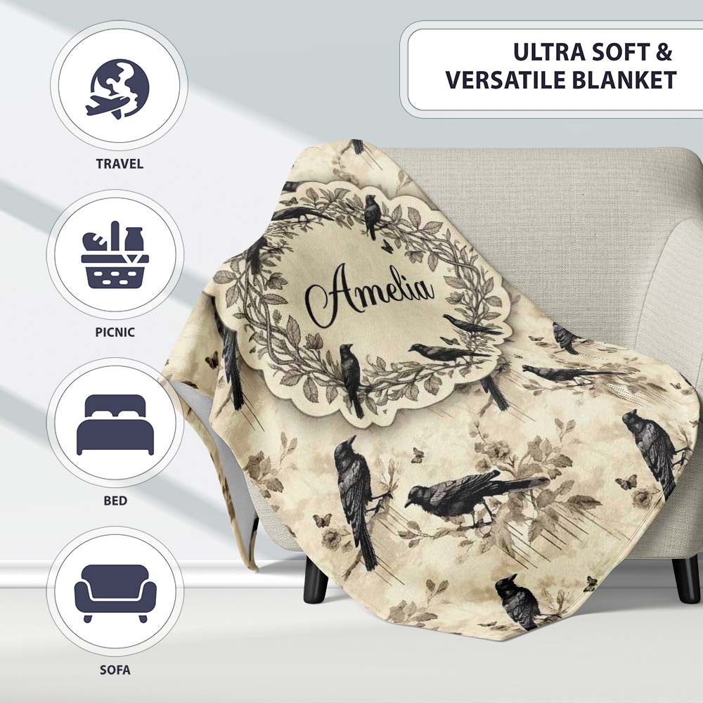 Vintage Raven and Floral Grunge Seamless Pattern in Neutral Tones Personalised Custom Name Super Soft Fleece Blanket Bed Sofa Throw
