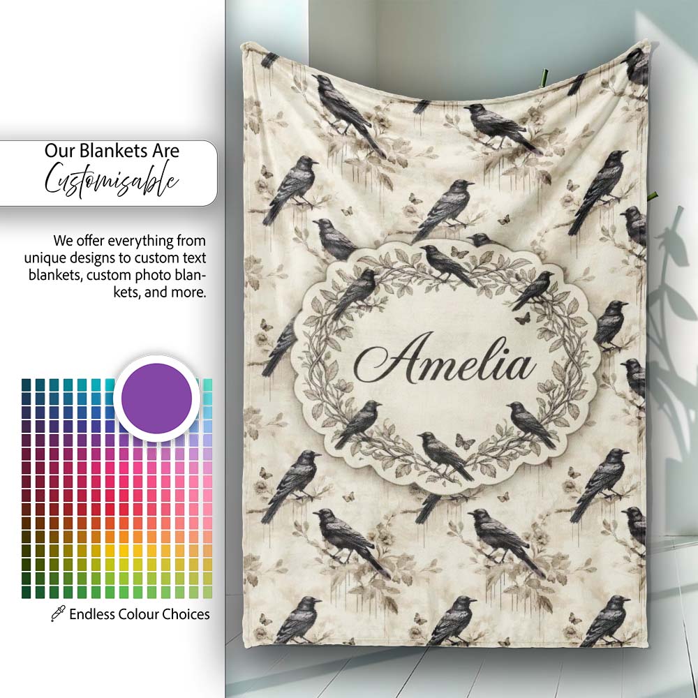 Vintage Raven and Floral Grunge Seamless Pattern in Neutral Tones Personalised Custom Name Super Soft Fleece Blanket Bed Sofa Throw