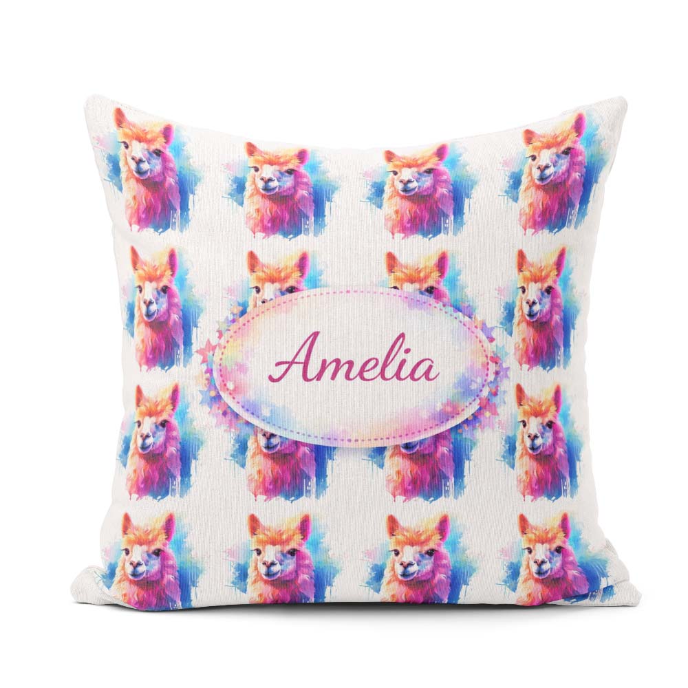 Custom Name Colourful Alpaca Pattern Bright Animal Design Lovely Square Filled Cushion Throw Pillow Sofa Bed Home Decor Zip Washable UK Made