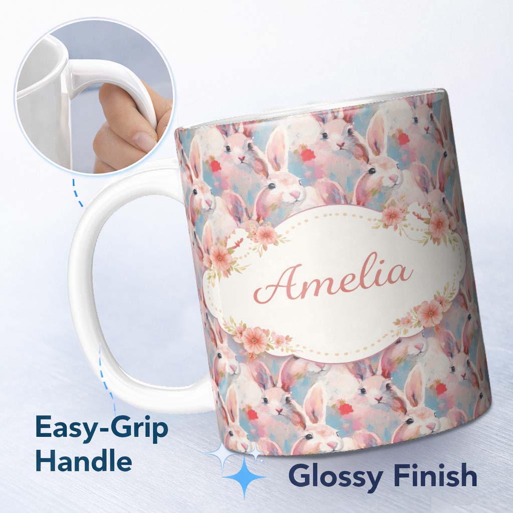 Personalized Custom Name Soft Watercolor Bunny Floral Egg Seamless Pattern Cute Unique Gift 11oz Ceramic Coffee Tea Mug White Large Handle