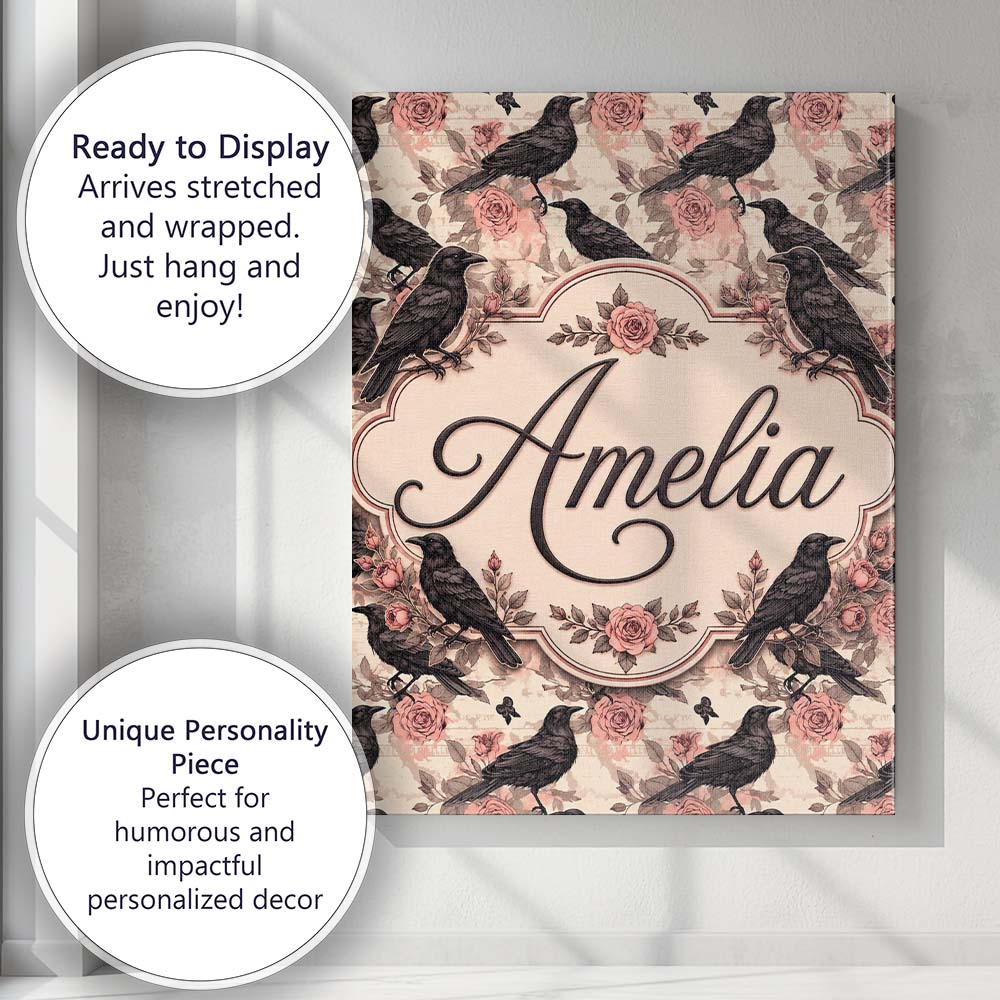 Personalised Name Gothic Raven and Pink Custom Modern Room Accent Elegant Feature Canvas Wall Art Print Decor Picture Ready to Hang