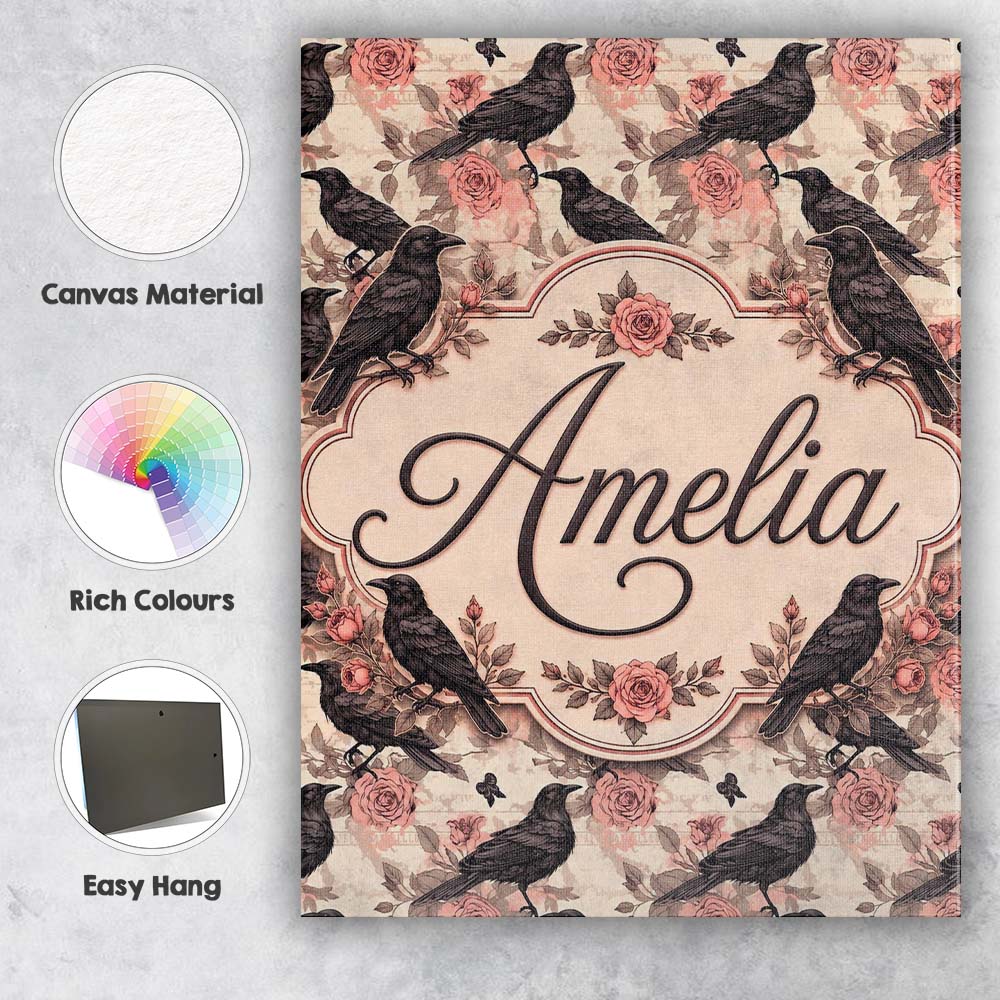 Personalised Name Gothic Raven and Pink Custom Modern Room Accent Elegant Feature Canvas Wall Art Print Decor Picture Ready to Hang