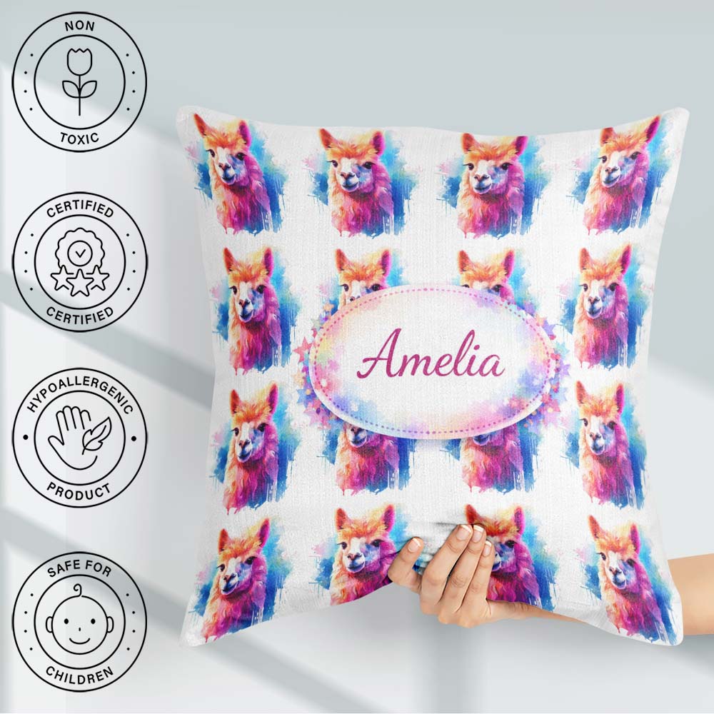 Custom Name Colourful Alpaca Pattern Bright Animal Design Lovely Square Filled Cushion Throw Pillow Sofa Bed Home Decor Zip Washable UK Made