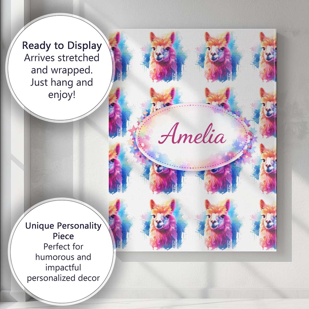 Personalised Name Colourful Alpaca Pattern Bright Artistic Animal Custom Bespoke Canvas Wall Art Print Decor Picture Ready to Hang