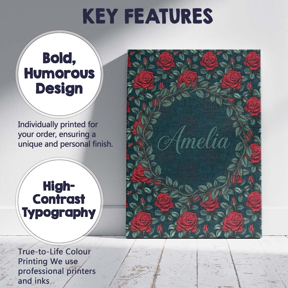 Personalised Name Elegant Red Rose Seamless Custom Bespoke Interior Contemporary Canvas Wall Art Print Decor Picture Ready to Hang
