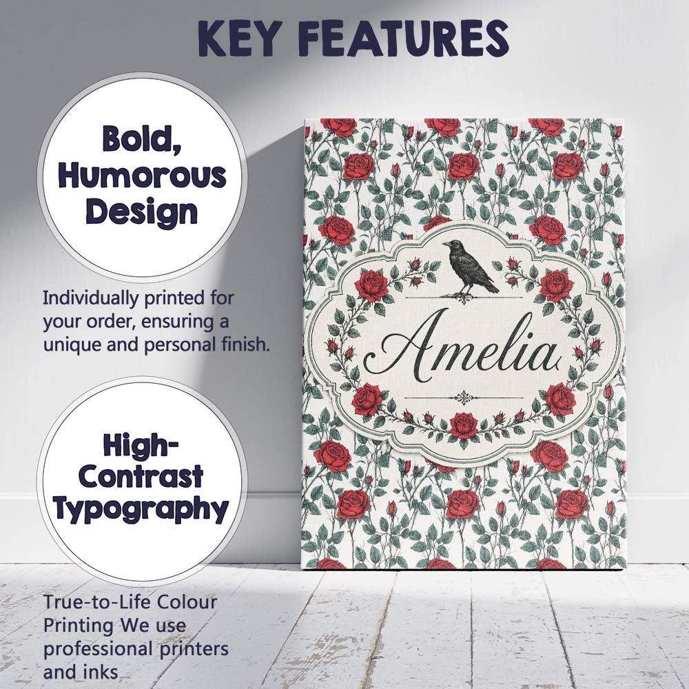 Personalised Name Classic Red Rose Botanical Custom Bespoke Contemporary Display Canvas Wall Art Print Decor Picture Ready to Hang