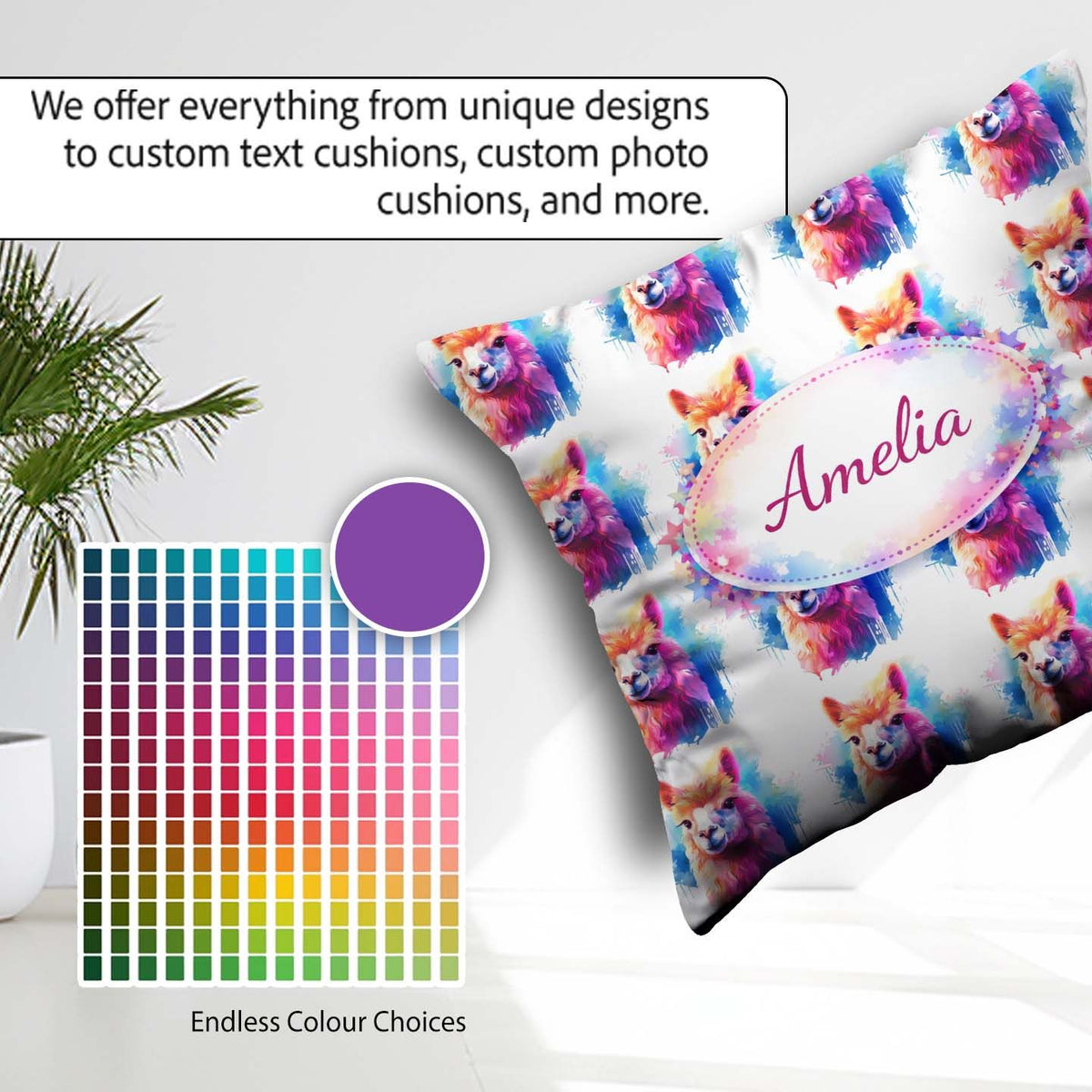 Custom Name Colourful Alpaca Pattern Bright Animal Design Lovely Square Filled Cushion Throw Pillow Sofa Bed Home Decor Zip Washable UK Made