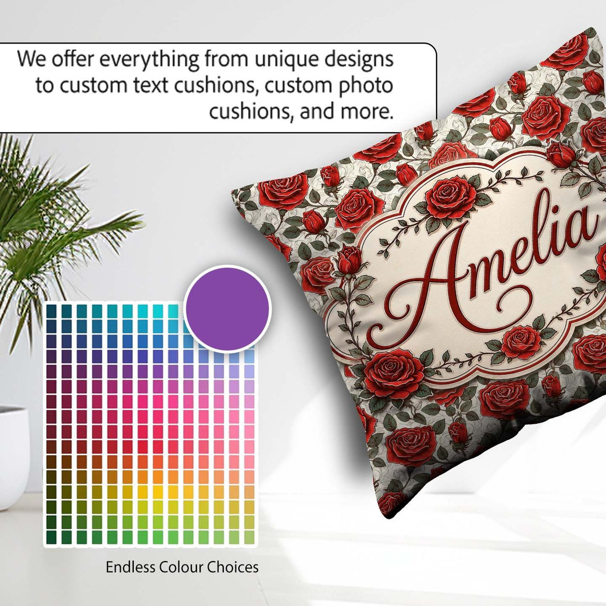 Custom Name Detailed Red Rose Floral Seamless Pattern with Style Square Filled Cushion Throw Pillow Sofa Bed Home Decor Zip Washable UK Made