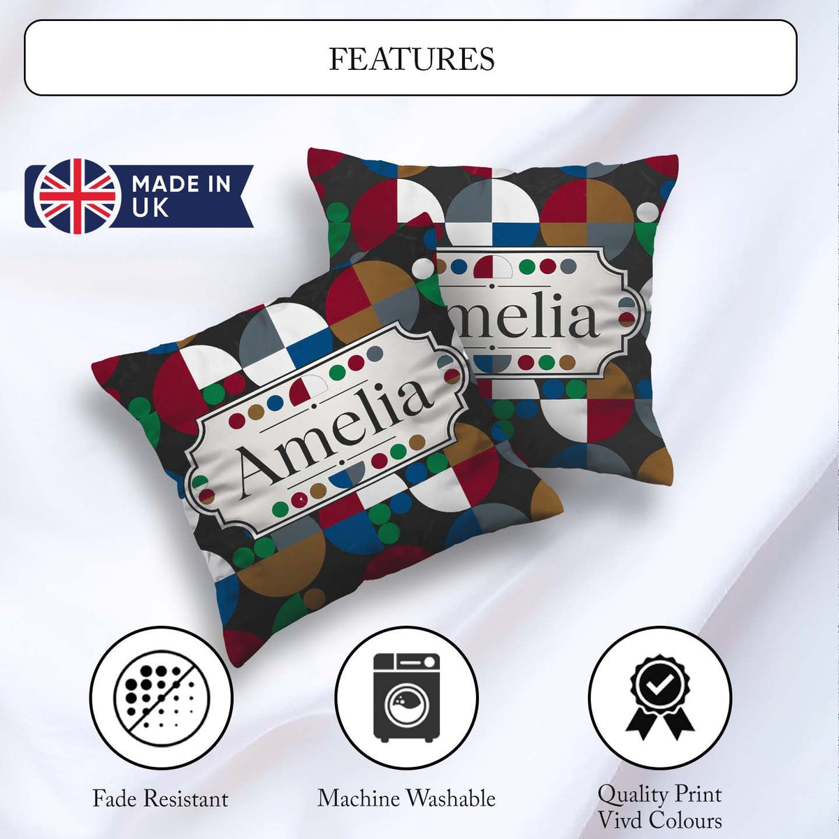 Custom Name Abstract Geometric Circle Pattern with Bold Colors Square Filled Cushion Throw Pillow Sofa Bed Home Decor Zip Washable UK Made