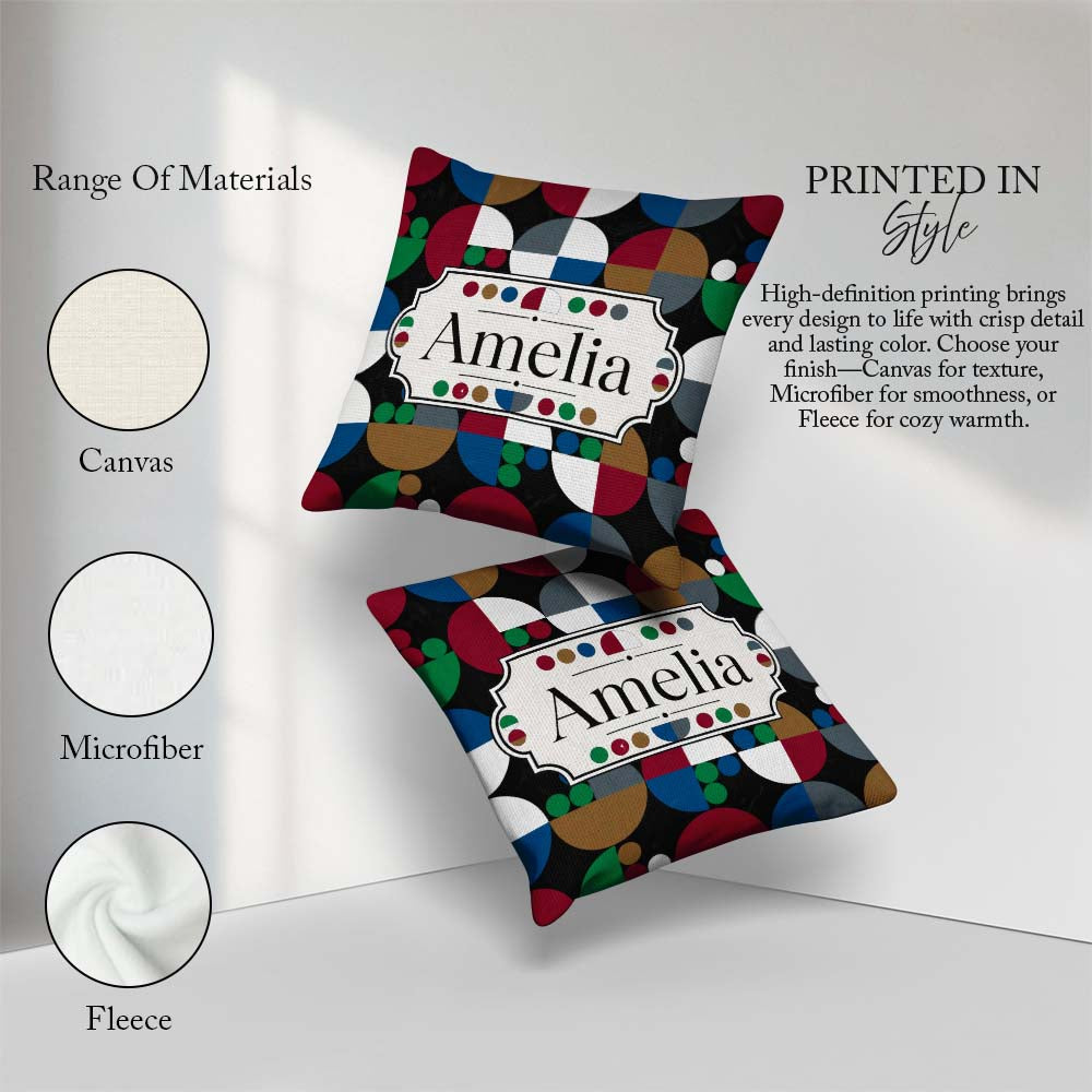 Custom Name Abstract Geometric Circle Pattern with Bold Colors Square Filled Cushion Throw Pillow Sofa Bed Home Decor Zip Washable UK Made