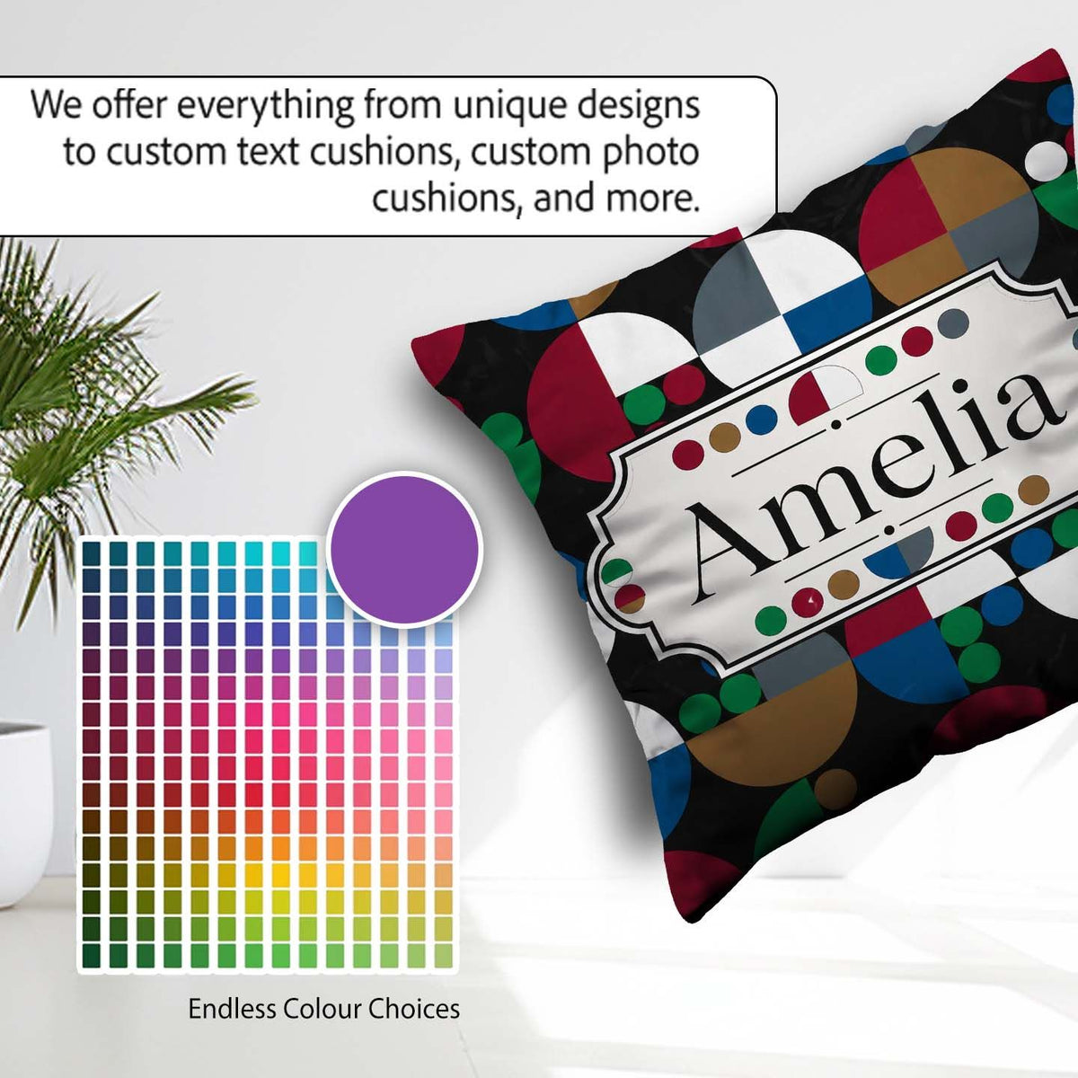 Custom Name Abstract Geometric Circle Pattern with Bold Colors Square Filled Cushion Throw Pillow Sofa Bed Home Decor Zip Washable UK Made