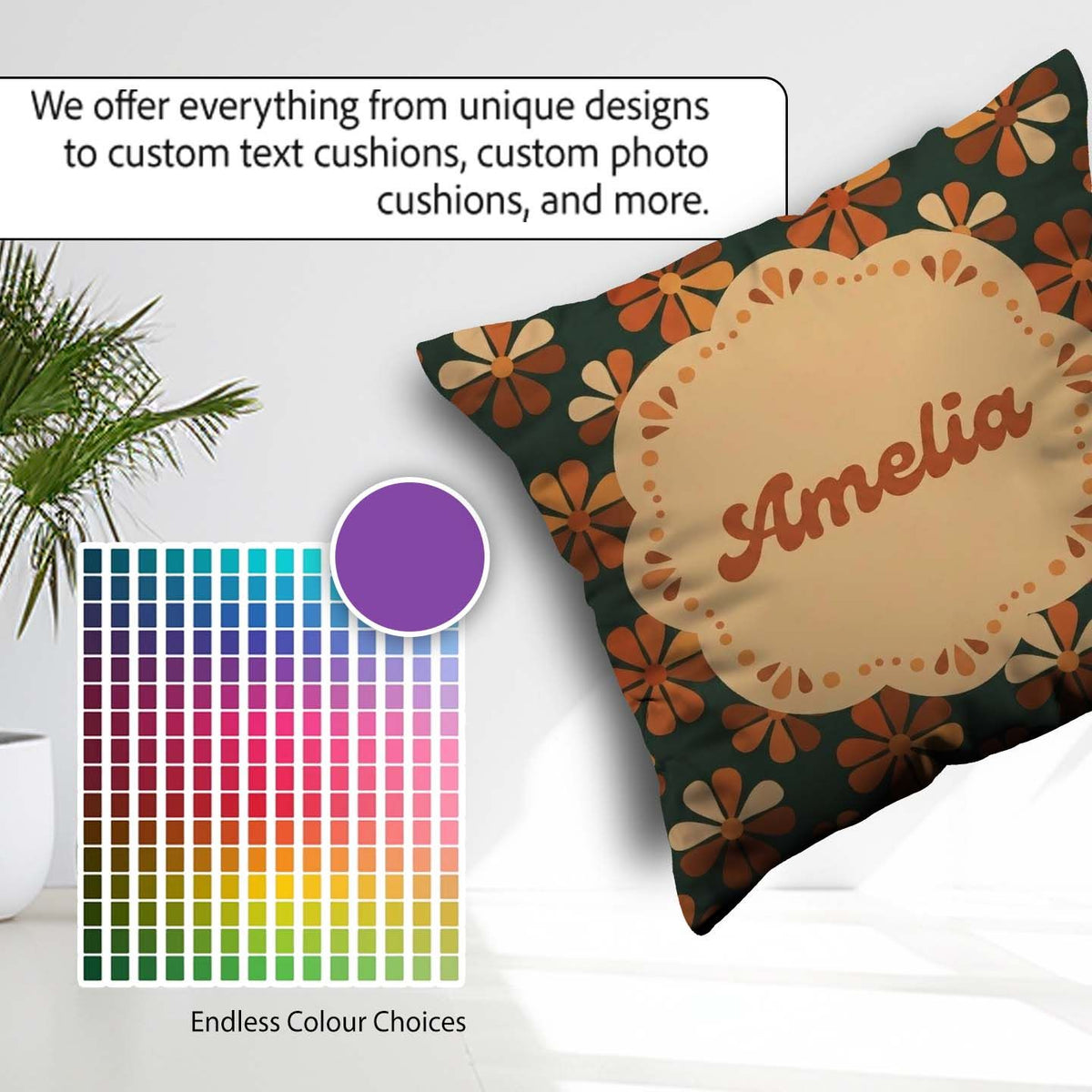 Custom Name Mid Century Modern Floral Pattern in Teal and Orange Square Filled Cushion Throw Pillow Sofa Bed Home Decor Zip Washable UK Made