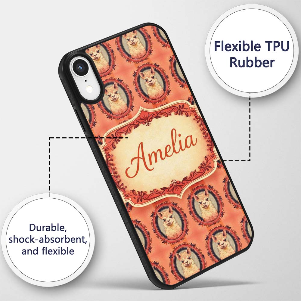 Alpaca Portrait Oval Frame Vintage Style Animal Custom Name Protective Phone Case Mobile Cover Durable Everyday Smartphone Shock Resistant