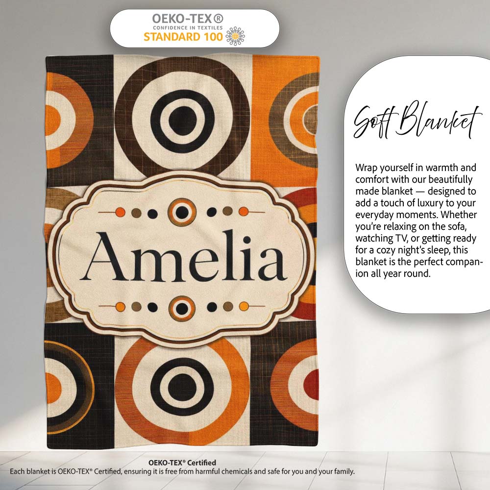 Concentric Circle Pattern in Orange Brown and Cream Cute Unique Gift Personalised Custom Name Super Soft Fleece Blanket Bed Sofa Throw