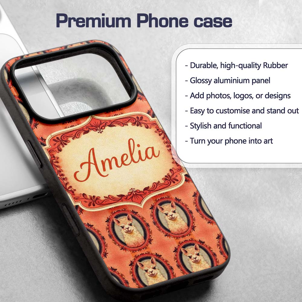 Alpaca Portrait Oval Frame Vintage Style Animal Custom Name Protective Phone Case Mobile Cover Durable Everyday Smartphone Shock Resistant