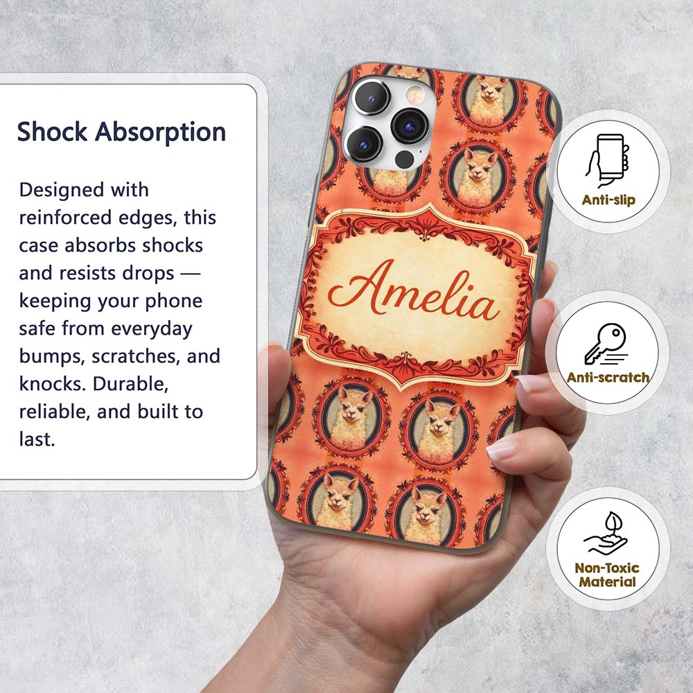 Alpaca Portrait Oval Frame Vintage Style Animal Custom Name Protective Phone Case Mobile Cover Durable Everyday Smartphone Shock Resistant
