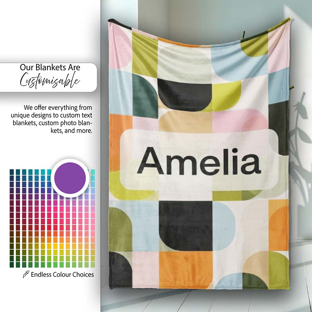 Bold Pink and Green Geometric Floral Pattern Seamless Design Lovely Personalised Custom Name Super Soft Fleece Blanket Bed Sofa Throw