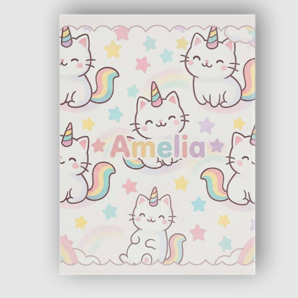 Personalised Name Cute Rainbow Unicorn Cat Cartoon Animal Pattern Custom Bespoke Canvas Wall Art Print Decor Picture Ready to Hang