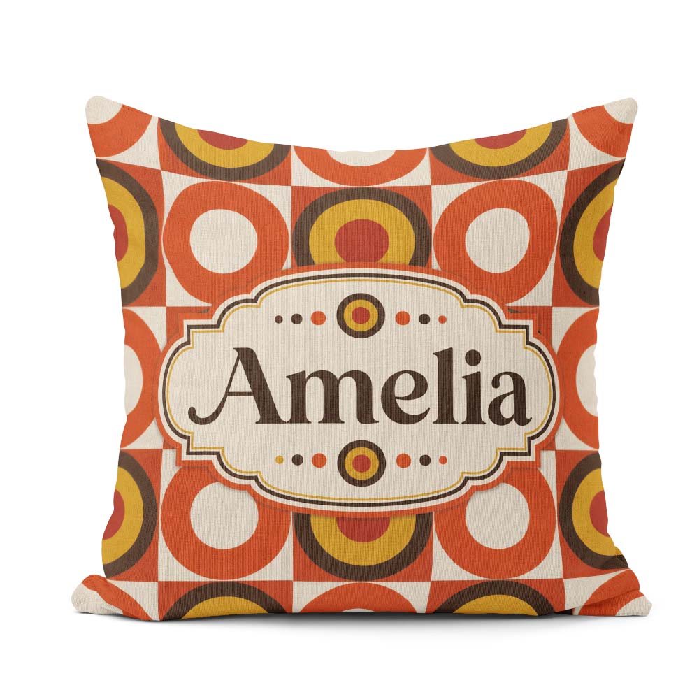 Custom Name Bold Orange Yellow Circle Check Seamless Pattern Square Filled Cushion Throw Pillow Sofa Bed Home Decor Zip Washable UK Made