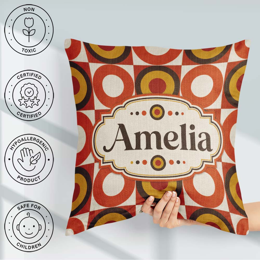 Custom Name Bold Orange Yellow Circle Check Seamless Pattern Square Filled Cushion Throw Pillow Sofa Bed Home Decor Zip Washable UK Made