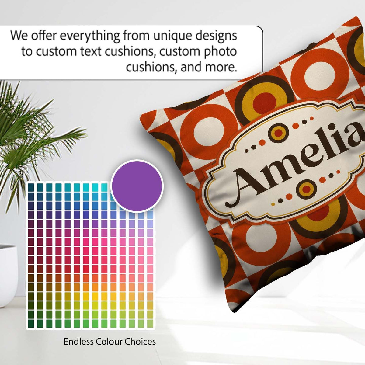 Custom Name Bold Orange Yellow Circle Check Seamless Pattern Square Filled Cushion Throw Pillow Sofa Bed Home Decor Zip Washable UK Made