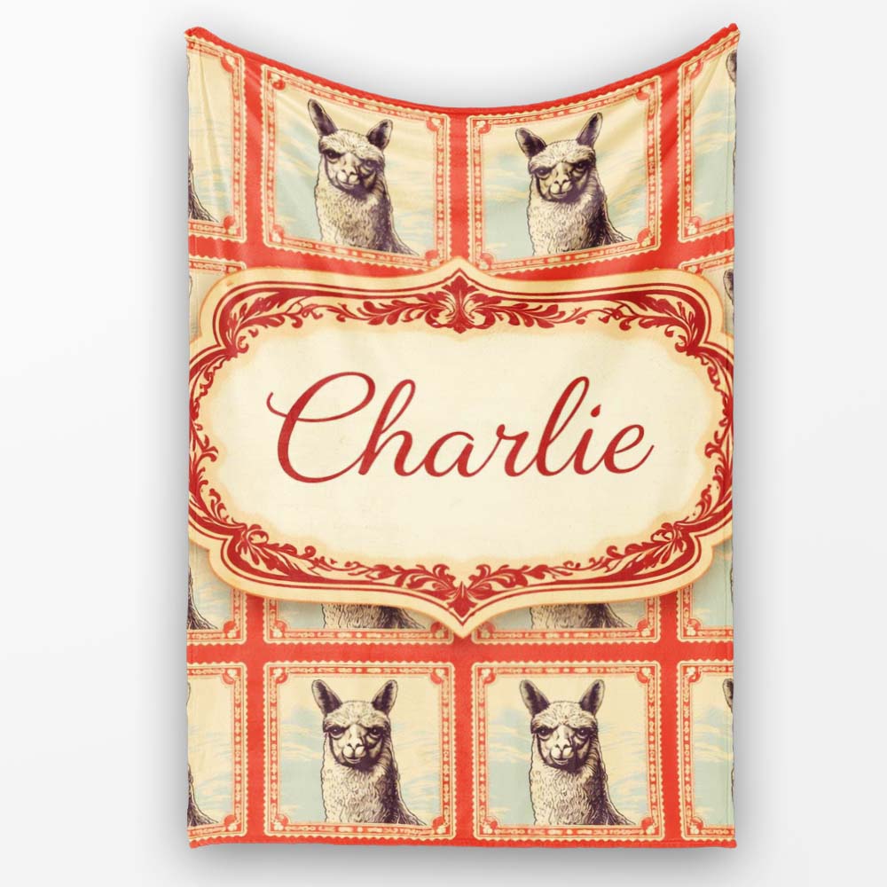 Alpaca Sketch Frame Rustic Vintage Animal Pattern Cute Unique Gift Personalised Custom Name Super Soft Fleece Blanket Bed Sofa Throw