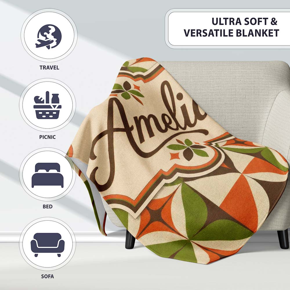 Mid Century Orange Green Star Tile Geometric Seamless Pattern Lovely Personalised Custom Name Super Soft Fleece Blanket Bed Sofa Throw