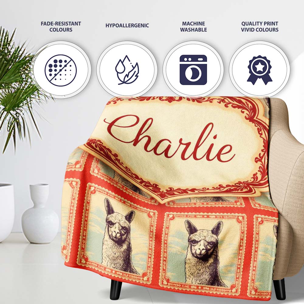Alpaca Sketch Frame Rustic Vintage Animal Pattern Cute Unique Gift Personalised Custom Name Super Soft Fleece Blanket Bed Sofa Throw