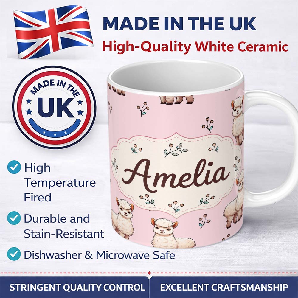 Personalized Custom Name Cute Alpaca Llama Farm Animals Floral Seamless Pattern Blush Pink 11oz Ceramic Coffee Tea Mug White Large Handle