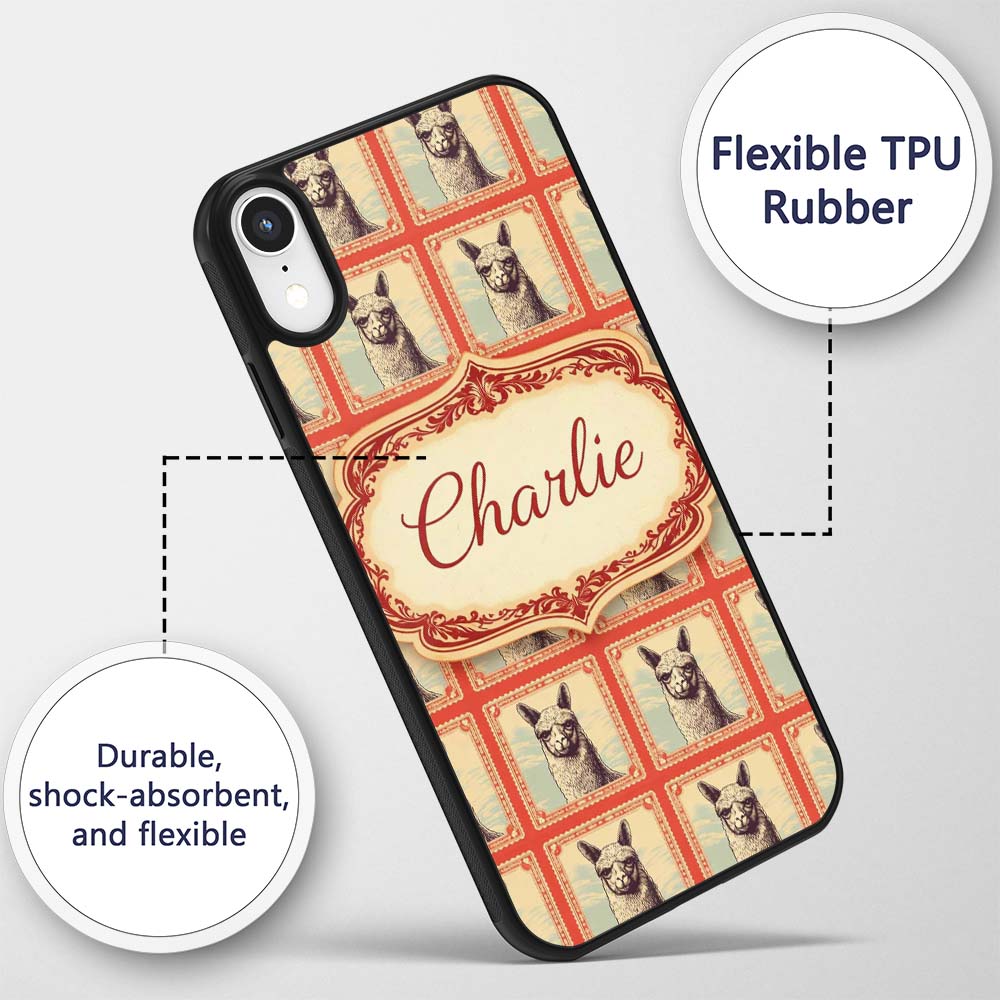 Alpaca Sketch Frame Rustic Vintage Animal Pattern Custom Name Protective Phone Case Mobile Cover Durable Everyday Smartphone Shock Resistant