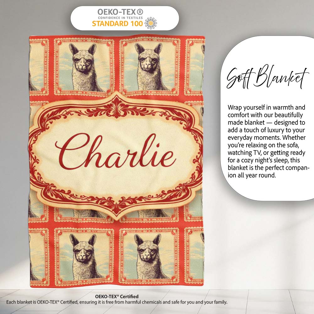 Alpaca Sketch Frame Rustic Vintage Animal Pattern Cute Unique Gift Personalised Custom Name Super Soft Fleece Blanket Bed Sofa Throw
