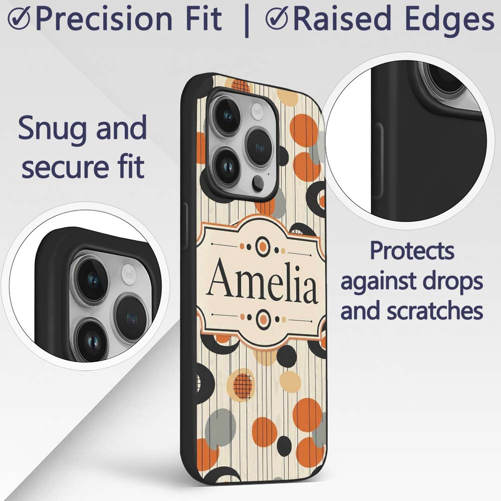 Abstract Black Orange Mid Century Atomic Shapes Custom Name Protective Phone Case Mobile Cover Durable Everyday Smartphone Shock Resistant