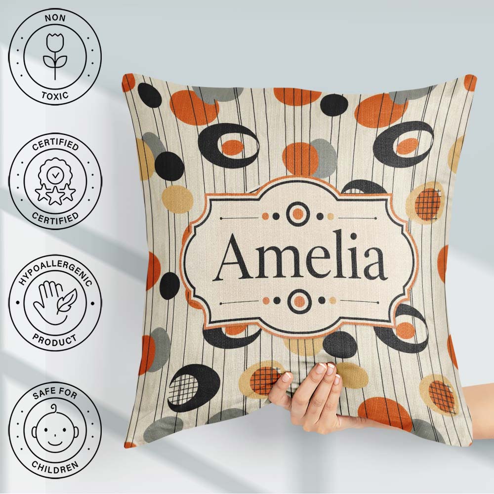 Custom Name Abstract Black Orange Century Atomic Shapes Seamless Square Filled Cushion Throw Pillow Sofa Bed Home Decor Zip Washable UK Made