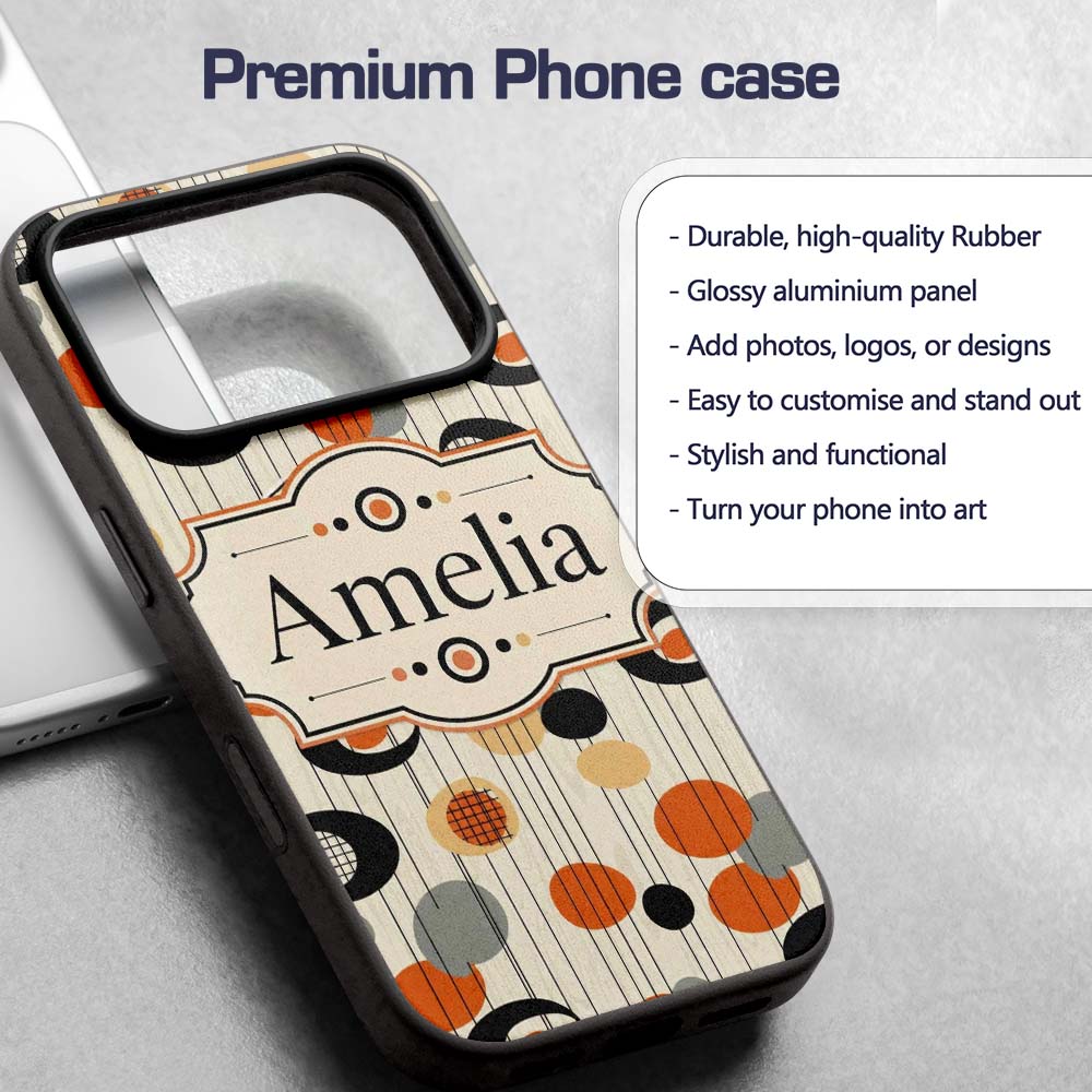 Abstract Black Orange Mid Century Atomic Shapes Custom Name Protective Phone Case Mobile Cover Durable Everyday Smartphone Shock Resistant