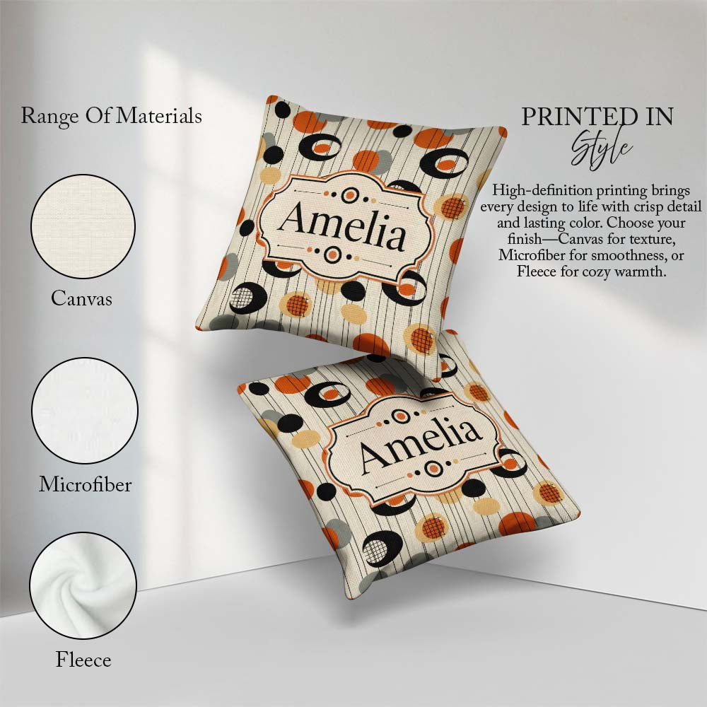 Custom Name Abstract Black Orange Century Atomic Shapes Seamless Square Filled Cushion Throw Pillow Sofa Bed Home Decor Zip Washable UK Made